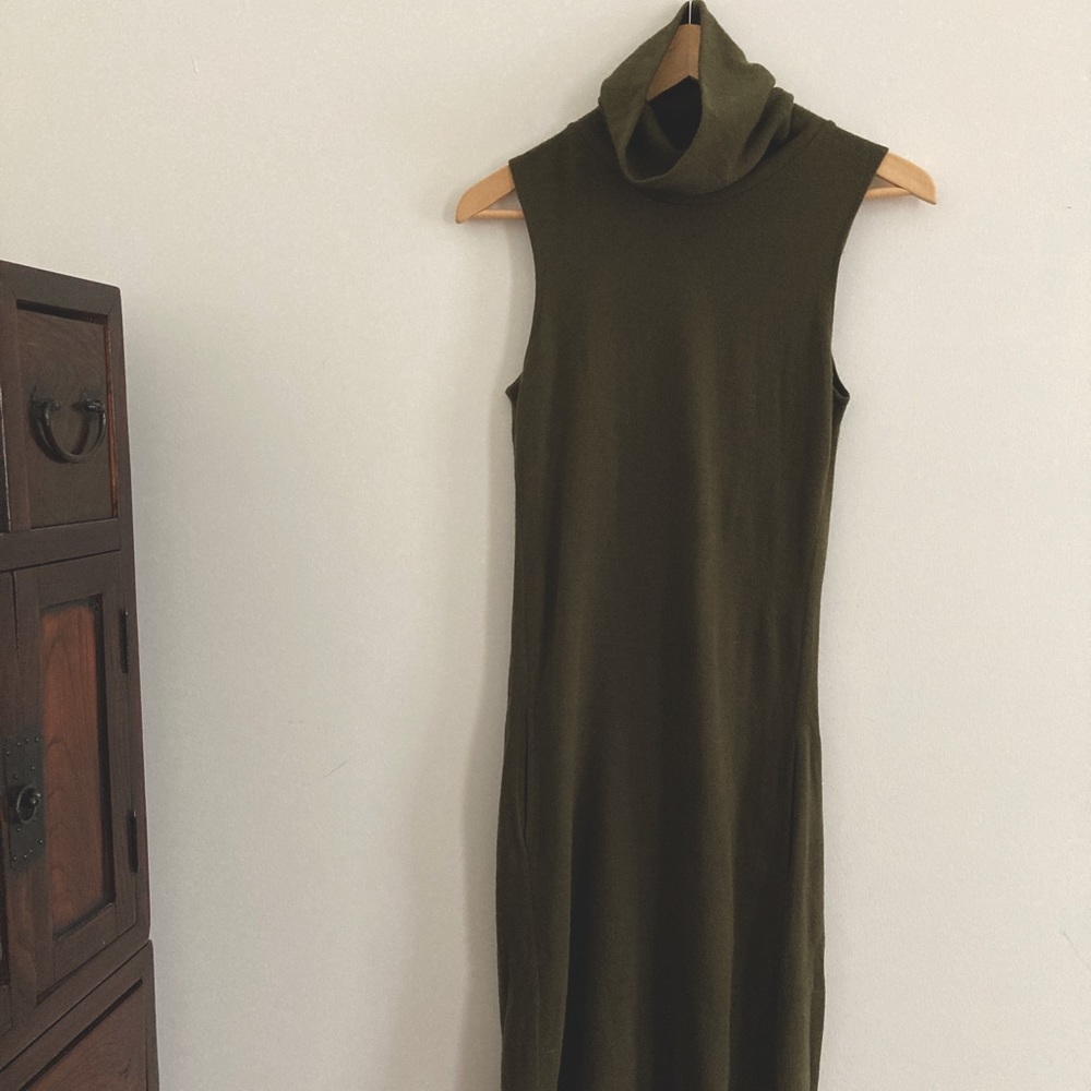 meg Olive Green Wool Designer Turtleneck Dress